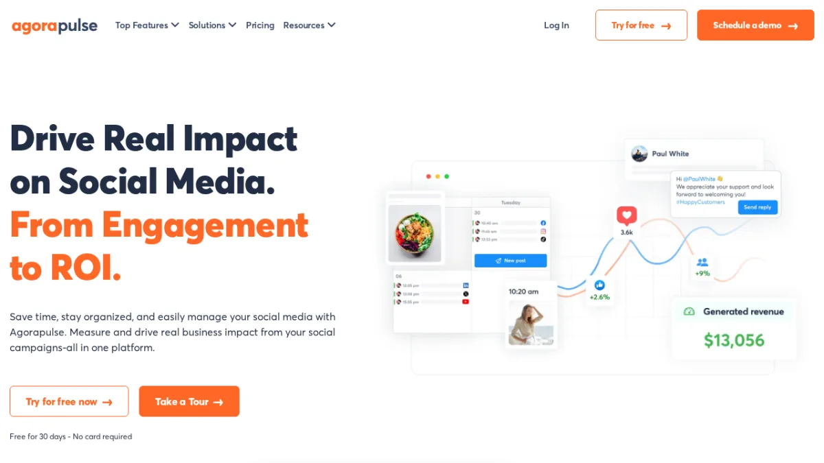 Agorapulse-Startseite zeigt eine Social-Media-Management-Plattform mit Fokus auf ROI-Messung