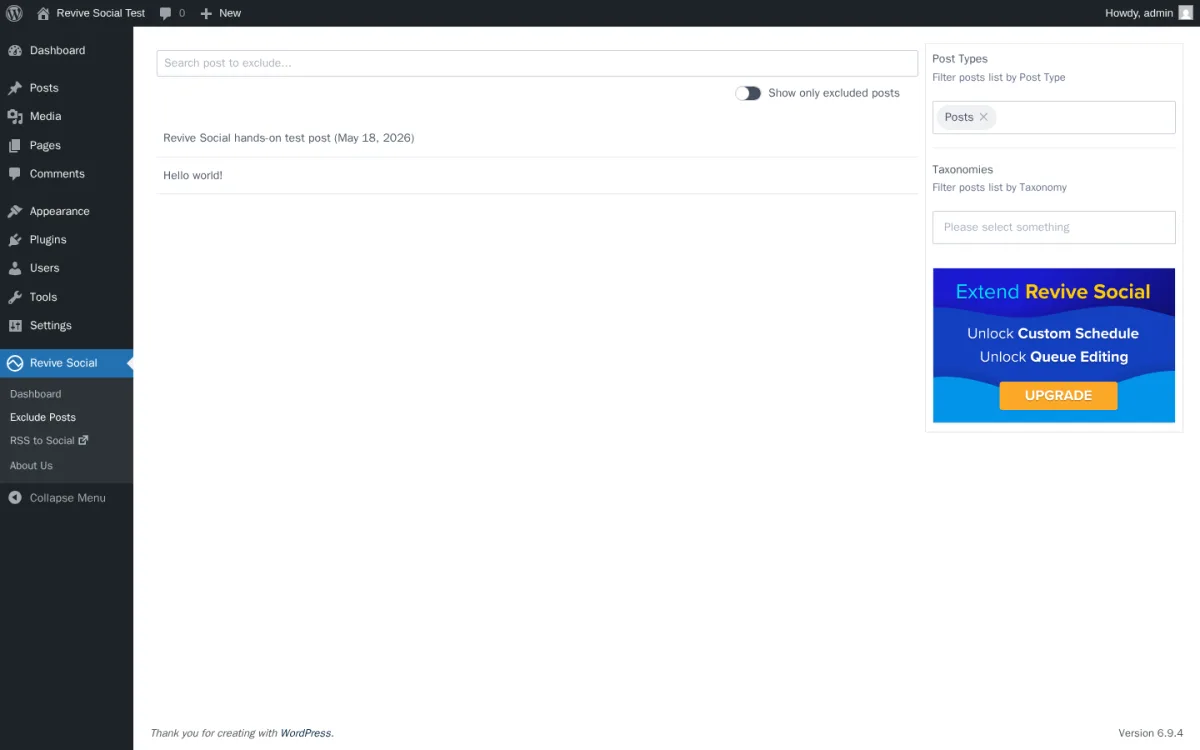 Página de administración Exclude Posts de Revive Social con filtro por tipo de post, filtro por taxonomía y switches de exclusión por entrada