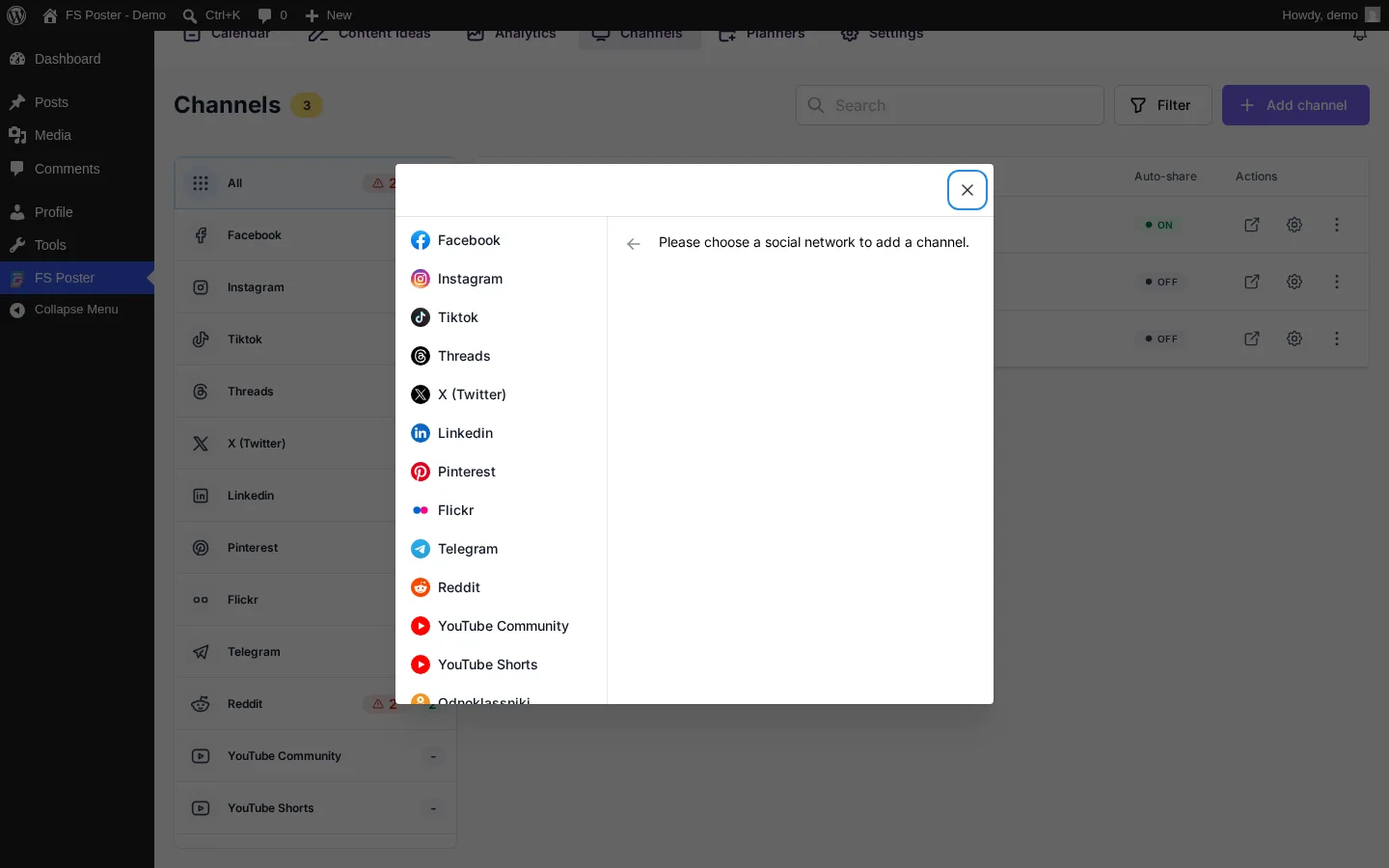 FS Poster Add Channel modal showing supported social networks for WordPress