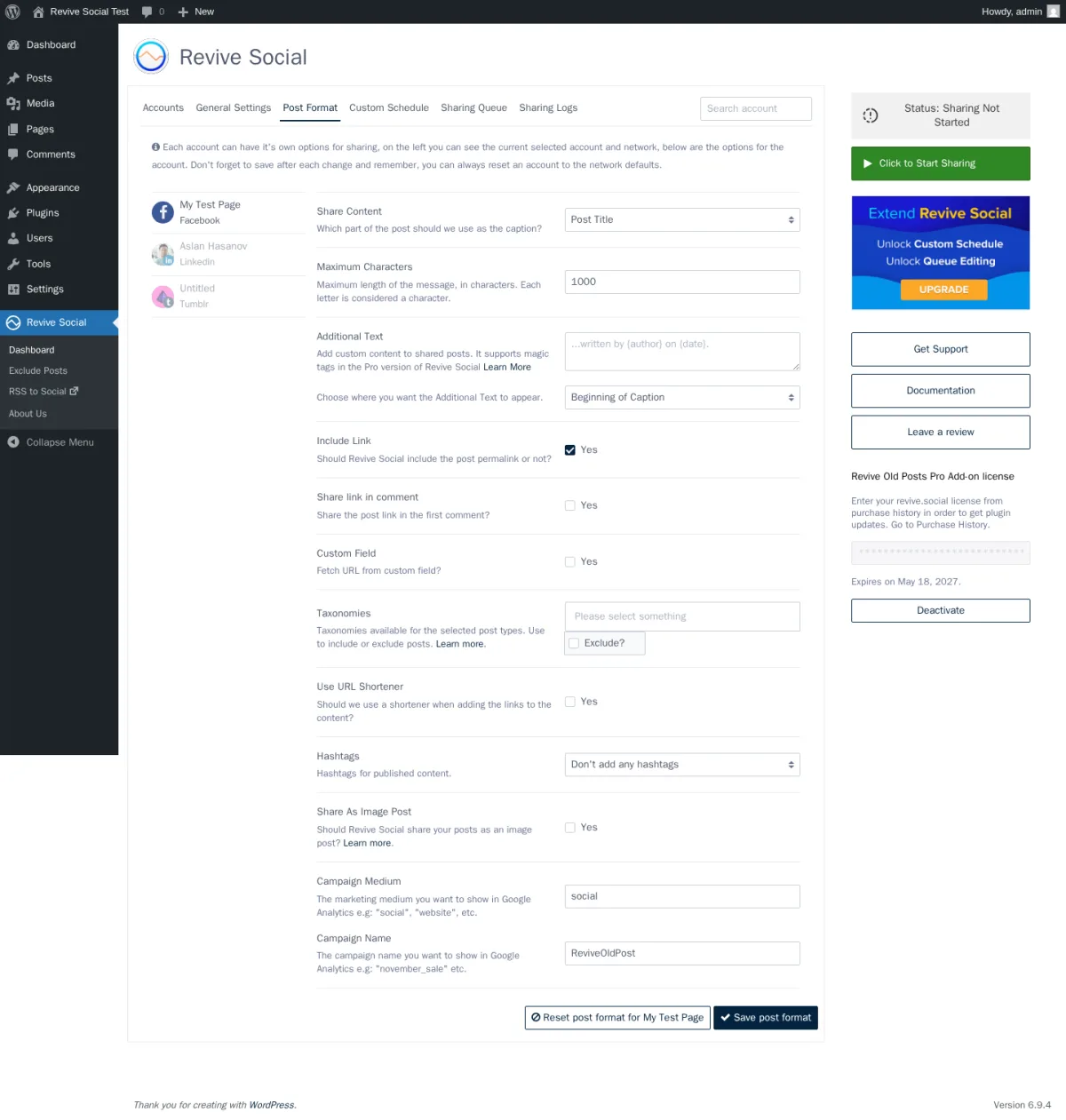 Revive Social Post Format tab showing per-account Share Content radio, Additional Text with magic-tag note, hashtags radio, and Campaign Medium/Name UTM fields