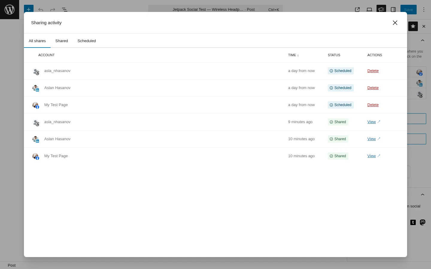 Jetpack Social Sharing Activity showing three scheduled re-shares and three already-shared auto-shares for the same post