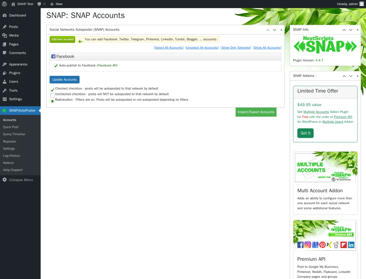 Página Accounts de NextScripts SNAP mostrando una cuenta de Facebook conectada y la lista completa de 30 destinos de red compatibles