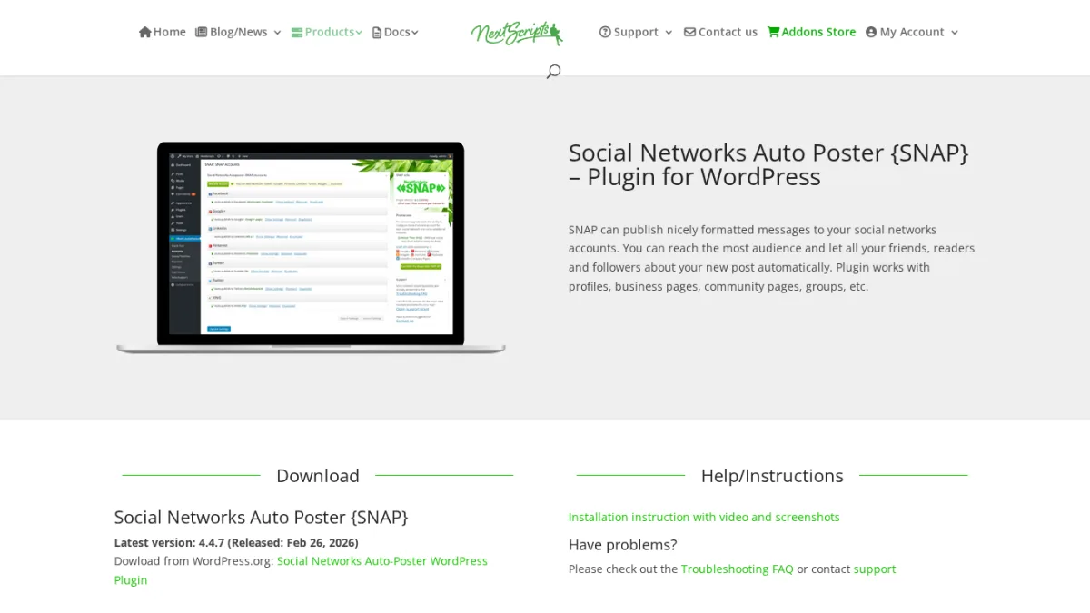 صفحة NextScripts SNAP مع إعدادات النشر التلقائي في WordPress