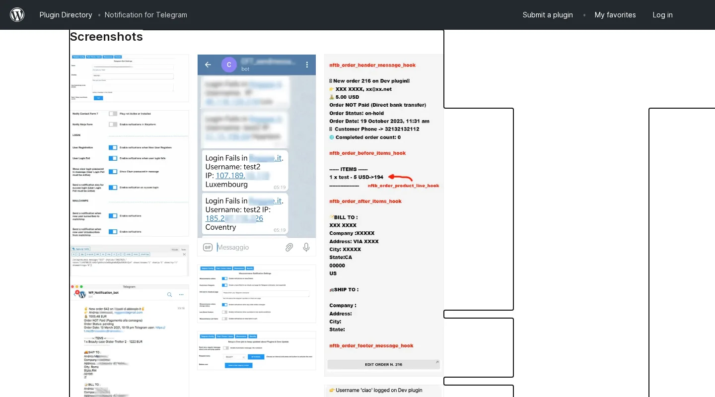 Notification for Telegram WordPress plugin page on WordPress.org showing supported event integrations and Telegram notification setup