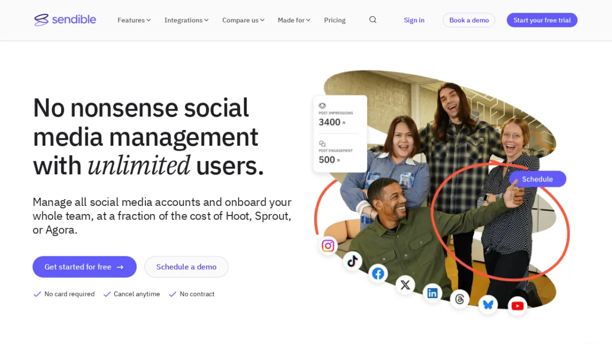 Sendible-Startseite zeigt eine Social-Media-Management-Plattform für Agenturen mit Client-Workspaces