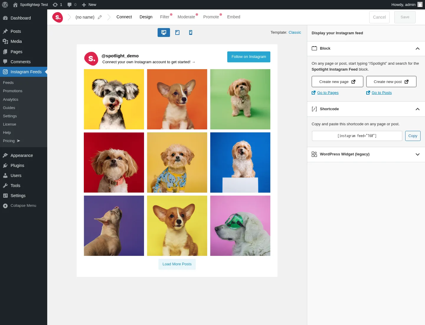SpotlightWP Embed sidebar with the Gutenberg block instruction, the [instagram feed="160"] shortcode and a one-click Copy button