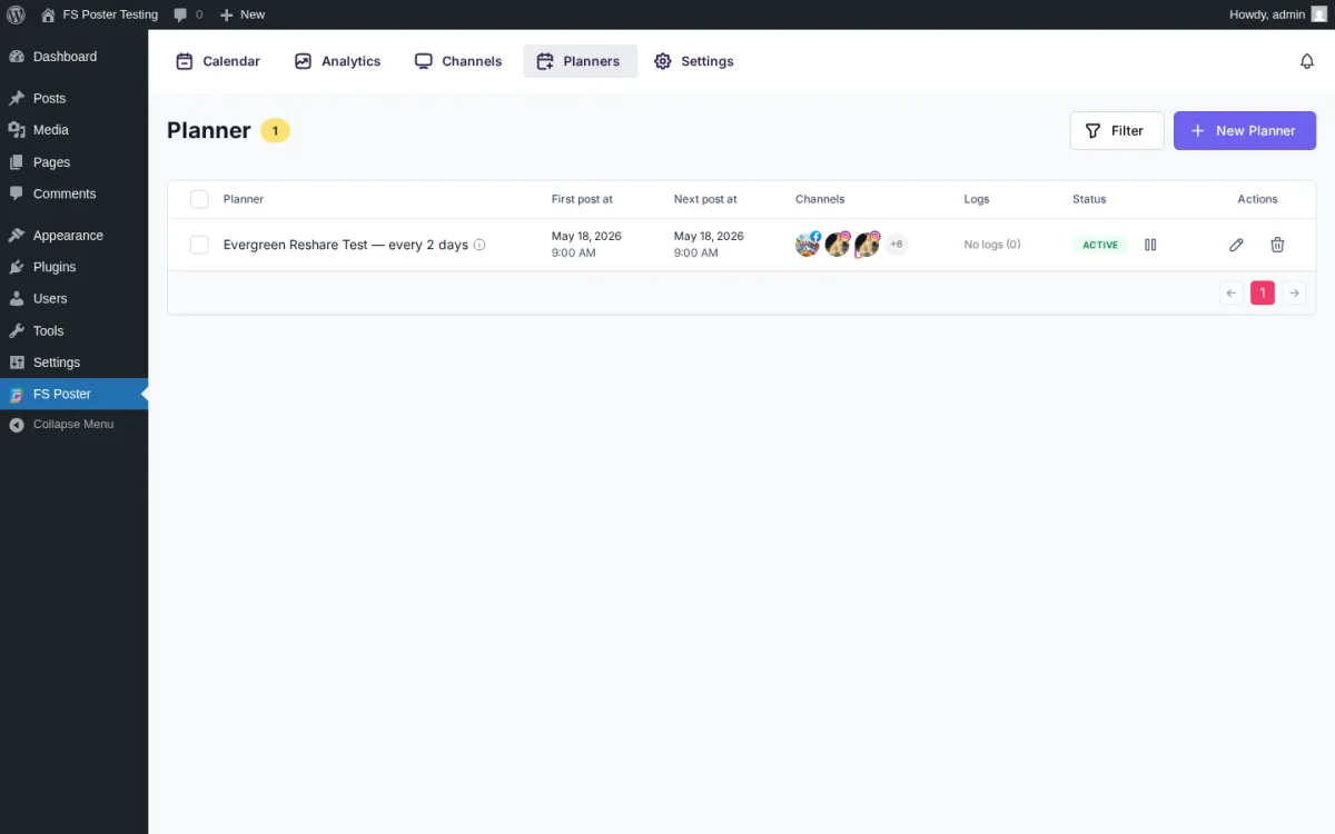 Lista del Planner de FS Poster mostrando un plan recurrente activo para volver a compartir contenido evergreen con tarjetas programadas para días futuros