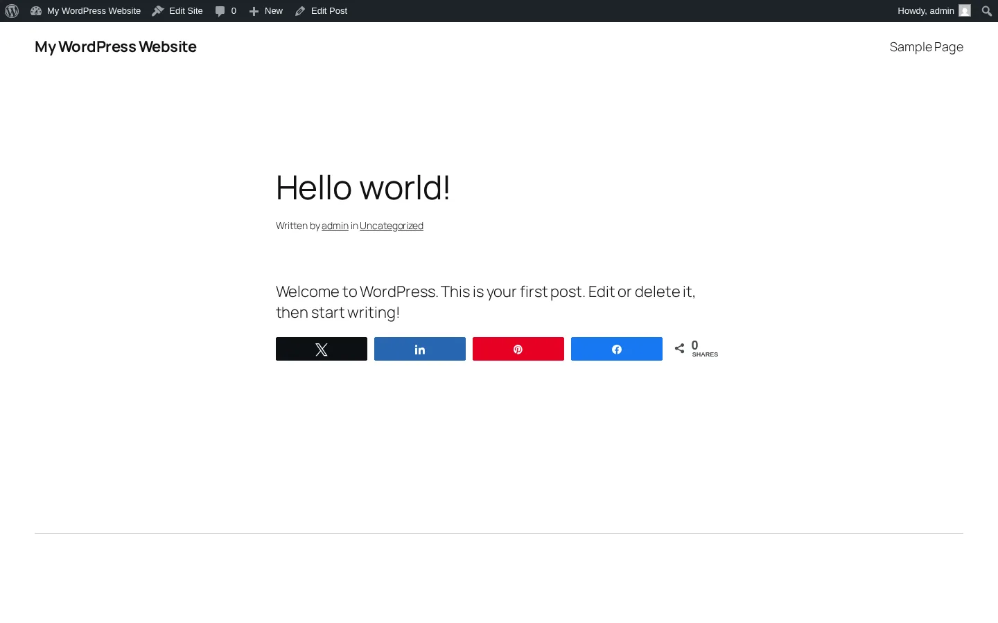 Social Warfare frontend rendering on a WordPress post showing inline share panels above and below the content with four share networks each