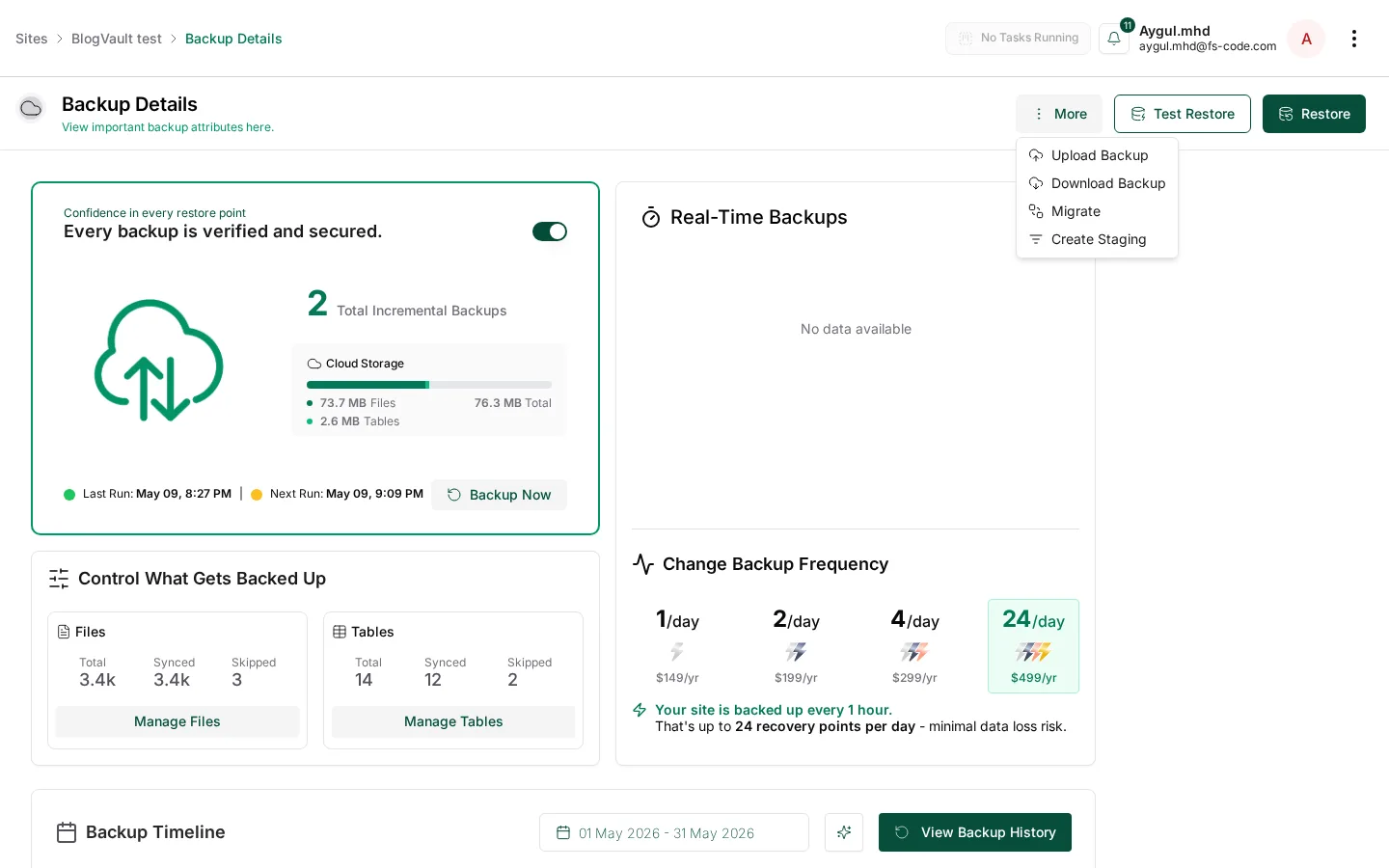 Menú Más: cargar copia de seguridad, descargar copia de seguridad, migrar, crear pruebas