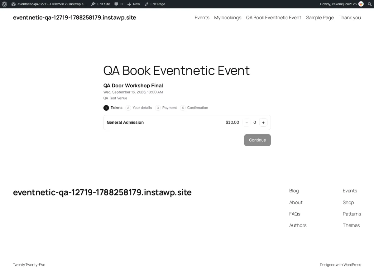 Eventnetic-Buchungsseite mit Auswahl der Tickettypen und Checkout-Ablauf