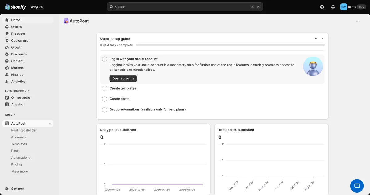 Panel de AutoPost AI mostrando la guia de configuracion rapida y la biblioteca de plantillas dentro del panel de administracion de Shopify (archivo: autopost-ai-03-app.png)