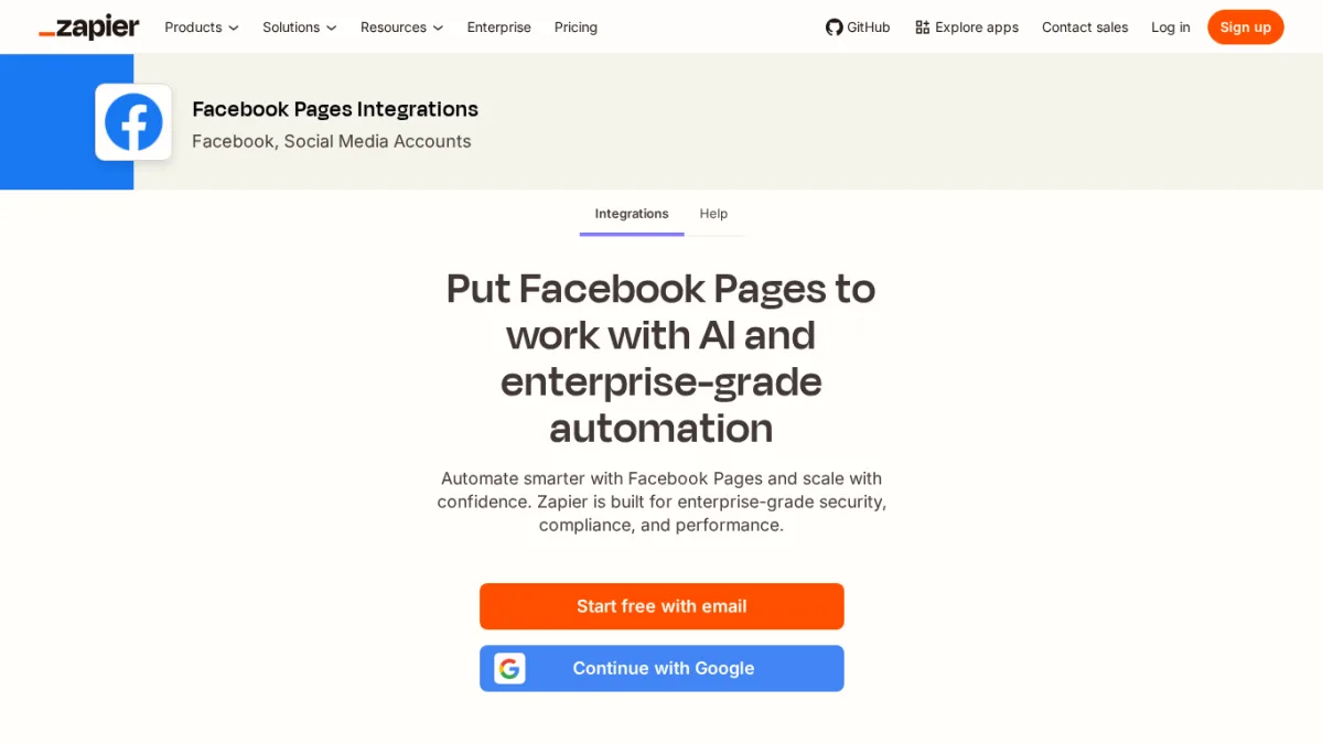 Zapier Facebook Pages Integrations page titled Put Facebook Pages to work with AI and enterprise-grade automation