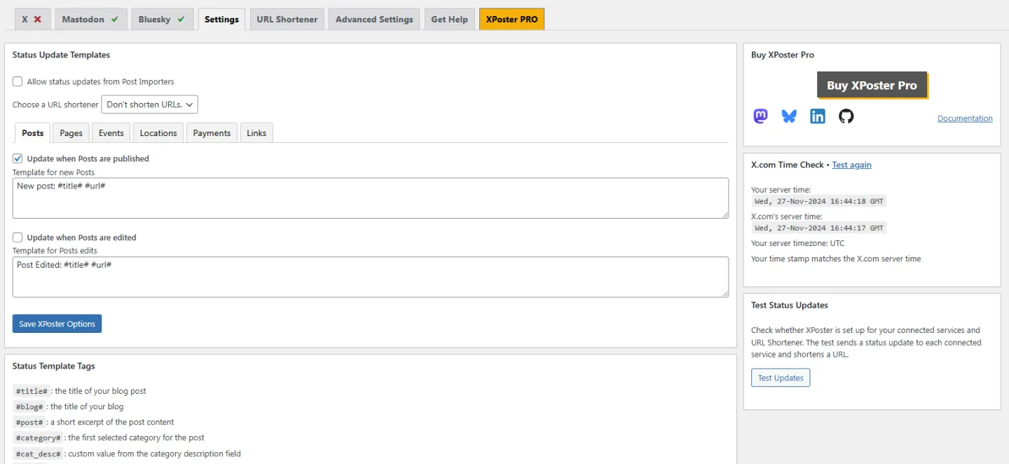 XPoster WordPress plugin (formerly WP to Twitter) by Joe Dolson showing the basic X Bluesky Mastodon settings screen in the WordPress admin