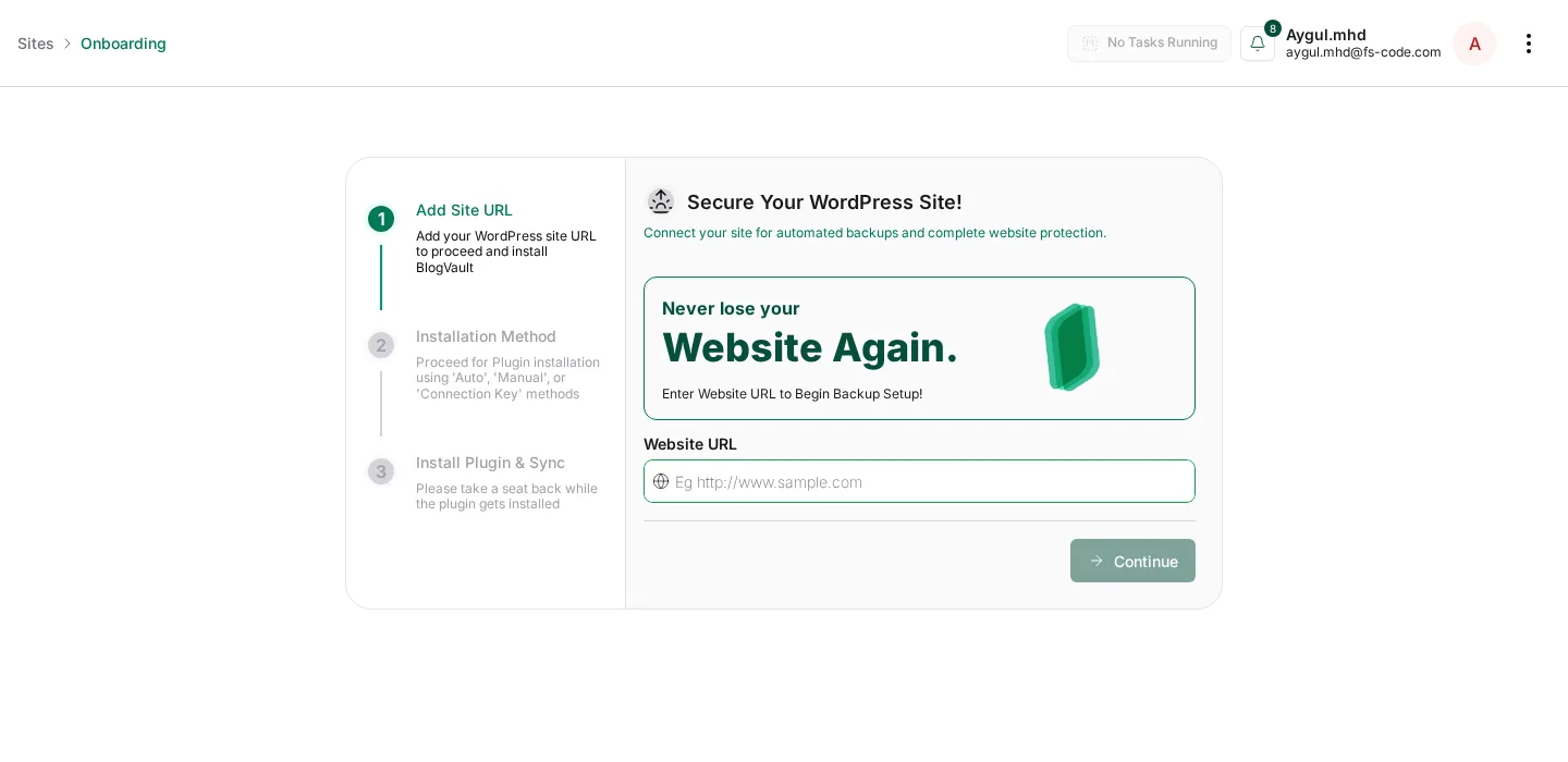 BlogVault Agregar sitio, paso 1: URL del sitio de WordPress