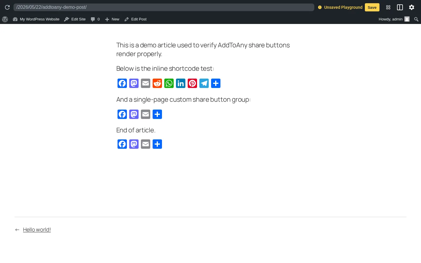 AddToAny shortcodes rendered inline on a post