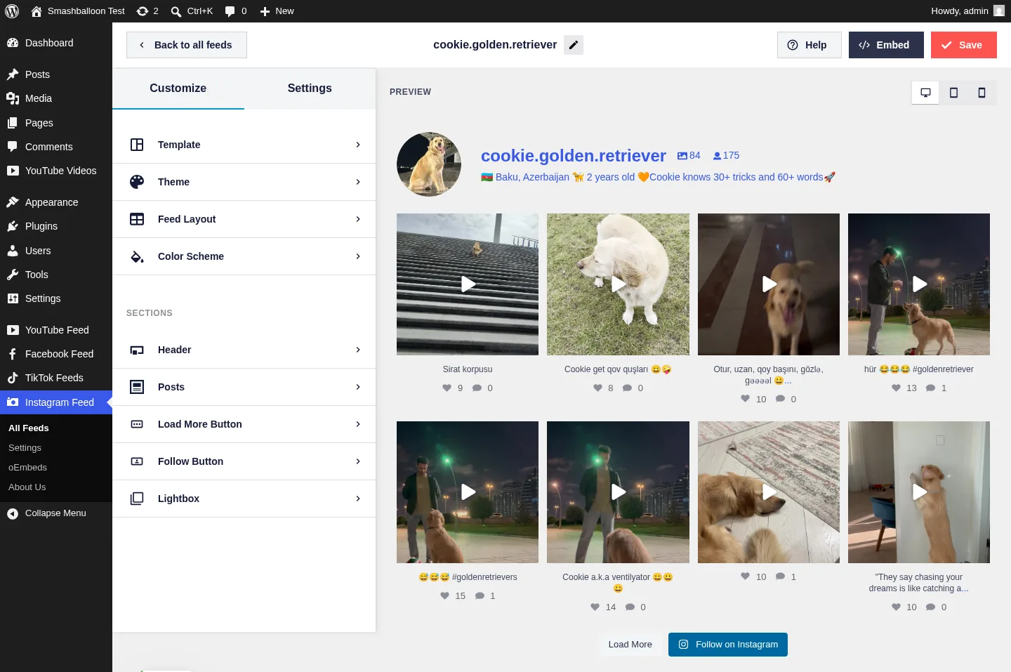 Smash Balloon Instagram Feed Pro Elite live customizer showing a real Instagram feed preview with header, posts, follower count, and Follow button