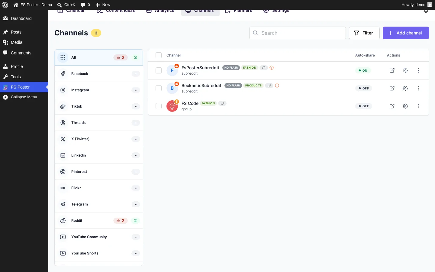 FS Poster Channels screen with multiple connected client brands