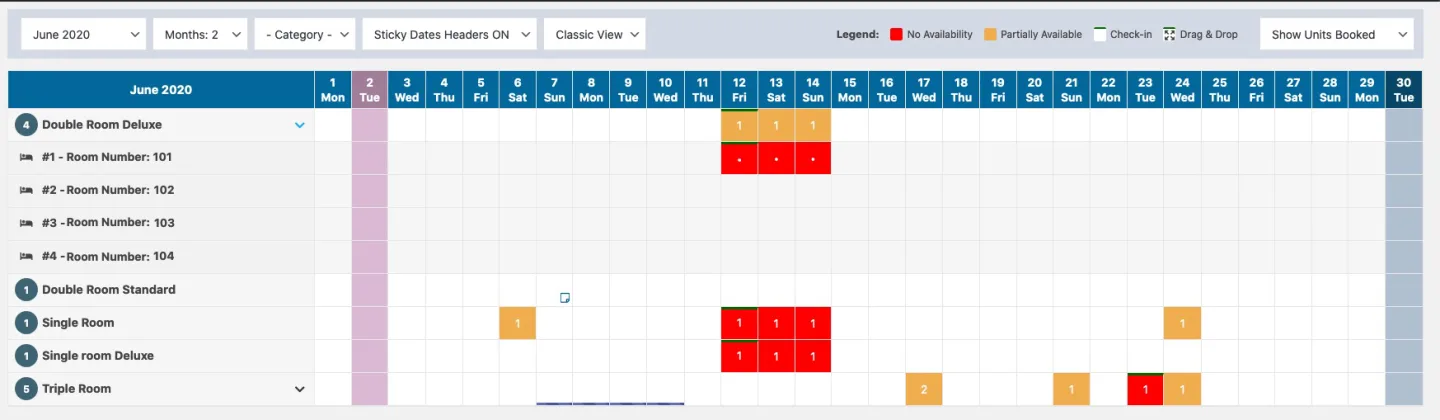 VikBooking availability overview calendar showing room allocation