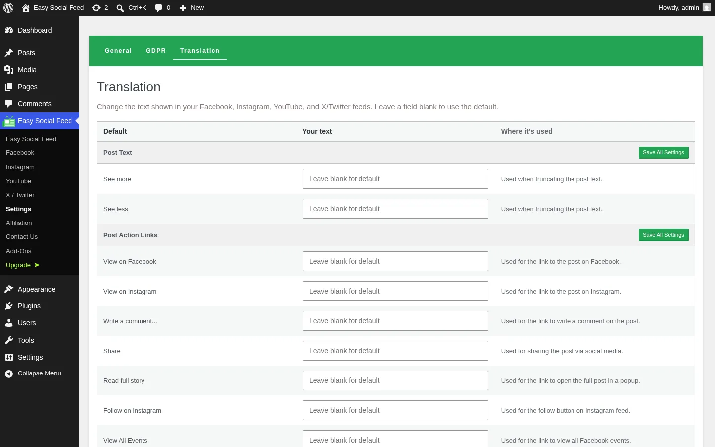 Settings → Translation tab showing the site-level label override panel covering general buttons, comments, time labels, Load More, YouTube and X / Twitter blocks, and the AI translation autofill PRO option