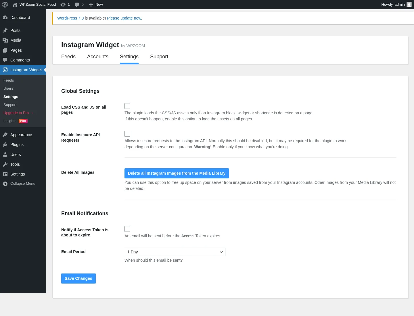 WPZOOM Social Feed global Settings tab showing the Load CSS and JS on all pages toggle, Enable unsafe requests toggle, and Email notification options for token expiry