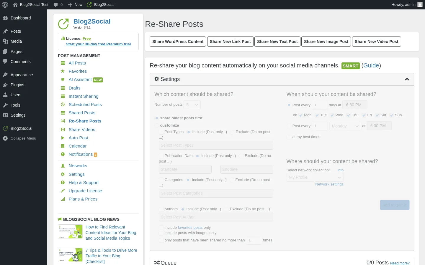 Blog2Social Re-Share Posts admin page showing the recurring evergreen reshare rule builder