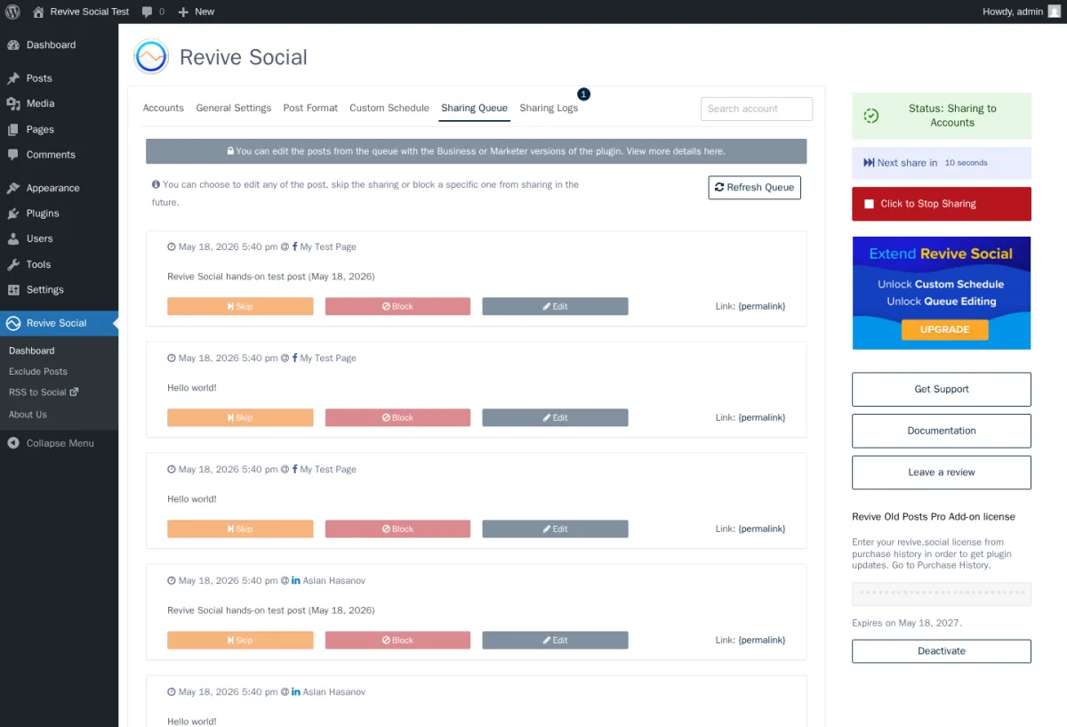 Revive Social Sharing Queue showing scheduled shares staggered across connected social accounts