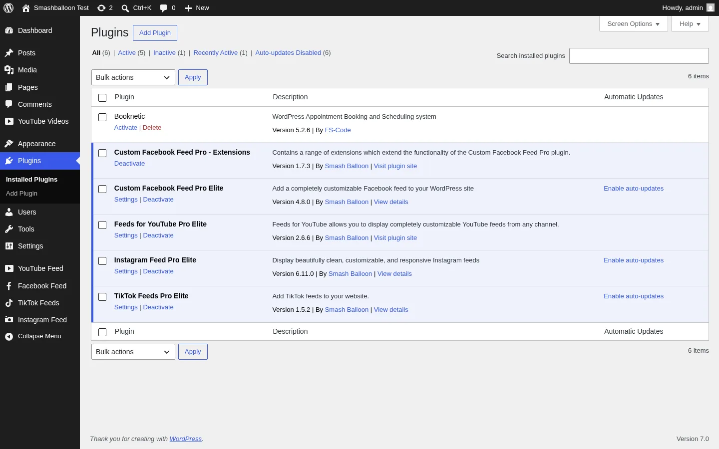 Smash Balloon plugins active on WordPress: Instagram Feed Pro Elite, Facebook Feed Pro Elite, Facebook Extensions, YouTube Feed Pro Elite, TikTok Feeds Pro Elite