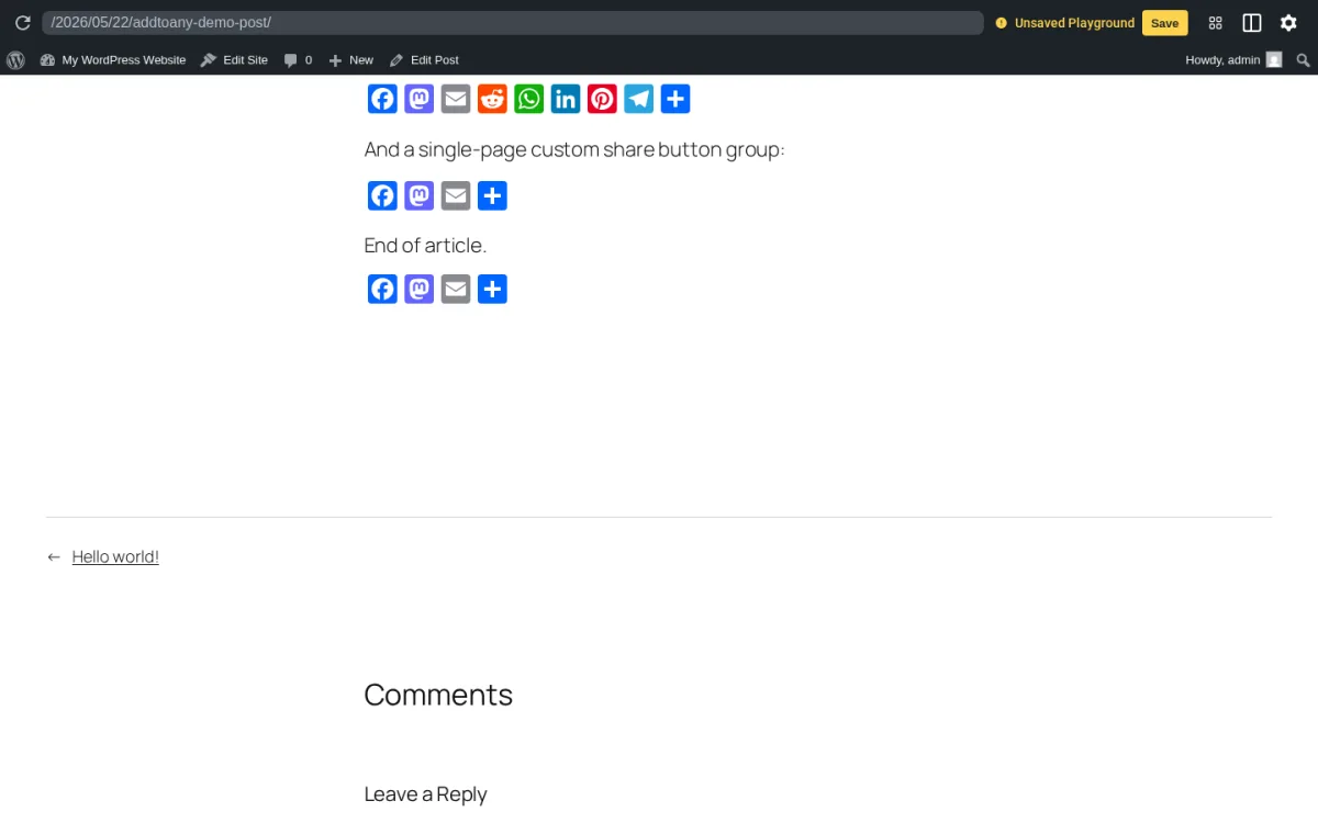 Renderizado en el frontend de AddToAny Share Buttons en una entrada de WordPress mostrando iconos de marca y un menú universal con el botón +