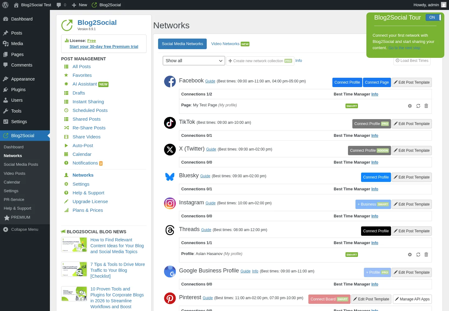 Blog2Social Networks page showing the supported social networks list with plan-tier badges and best-time controls