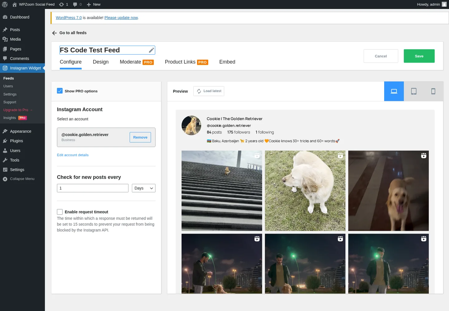WPZOOM Social Feed Configure tab showing the Instagram Account selector, Check for new posts every N Minutes / Hours / Days / Weeks / Months input, and Enable request timeout toggle