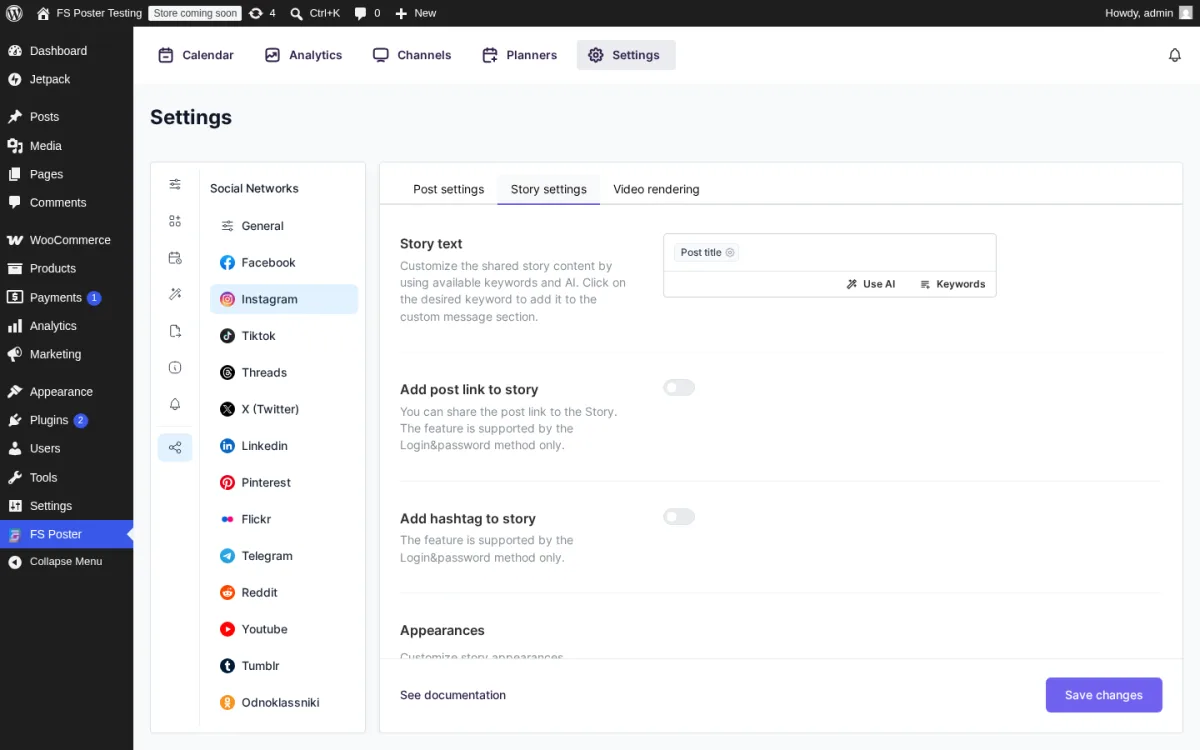 FS Poster Settings, Social networks, Instagram, Story settings tab with a Story text editor using the Post title chip, Use AI and Keywords helpers, an Add post link to story toggle, an Add hashtag to story toggle, and an Appearances section for Story styling