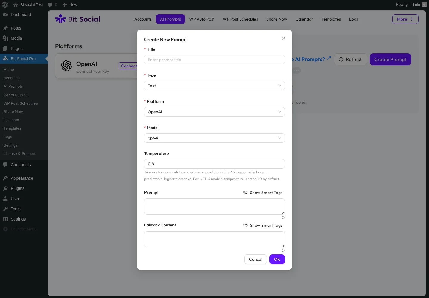 Bit Social Pro Create Prompt modal with OpenAI platform, gpt-4 model, and smart-tag-enabled prompt and fallback textareas