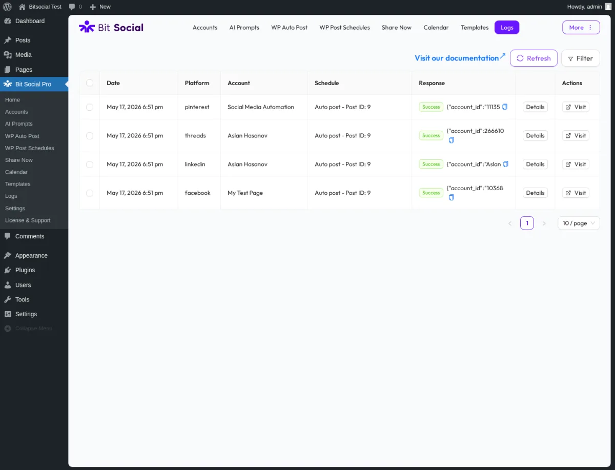 Página Logs de Bit Social Pro mostrando cuatro filas de auto-share correctas en Pinterest, Threads, LinkedIn y Facebook