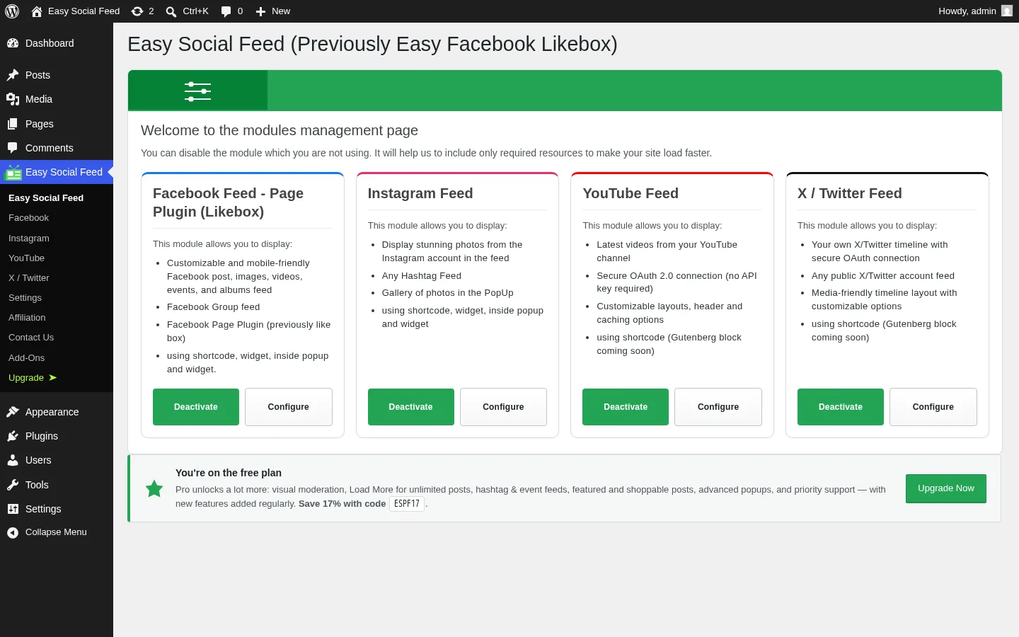Easy Social Feed unified admin landing showing Facebook, Instagram, YouTube and X / Twitter modules under one sidebar group with Settings, Affiliation and Add-Ons
