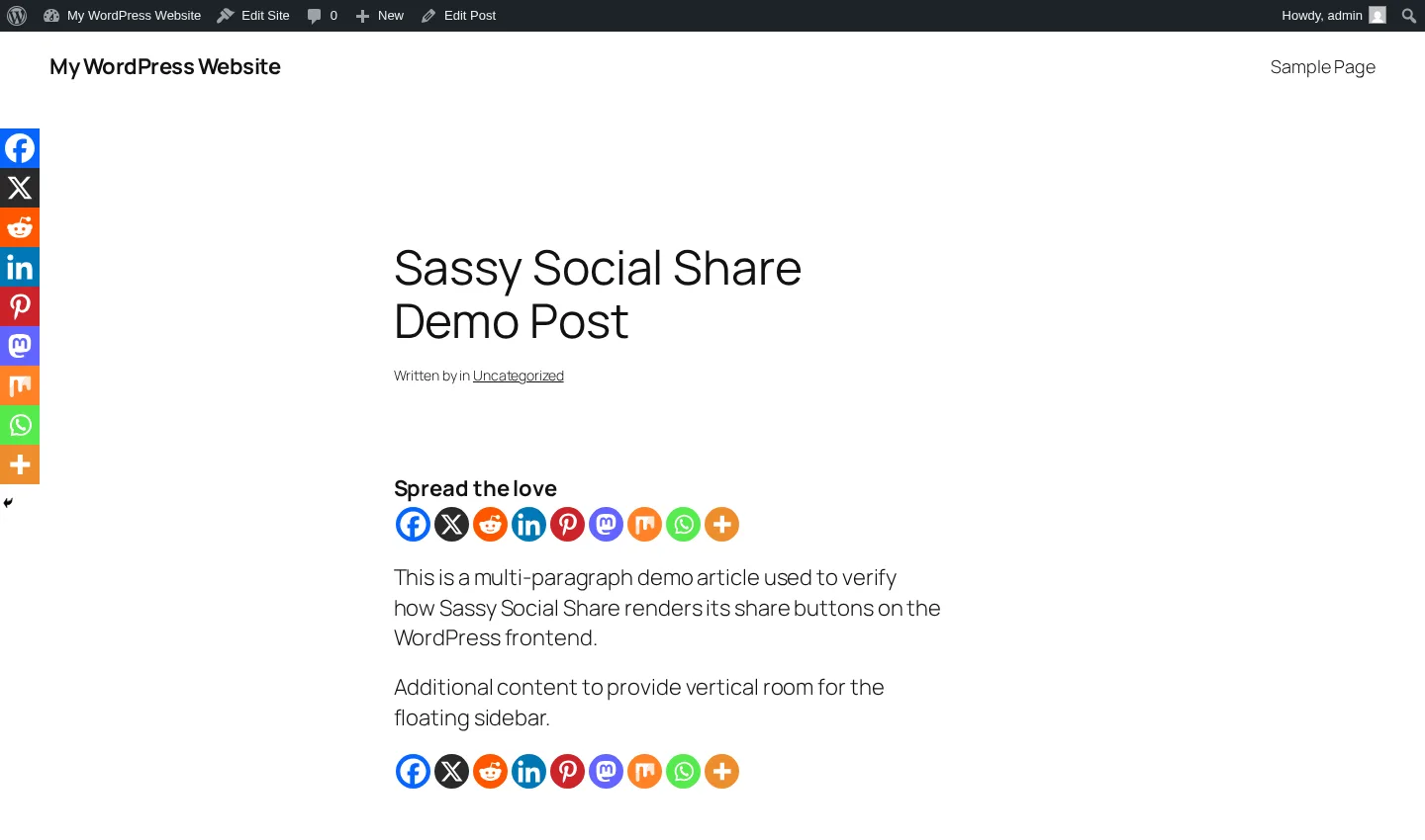 Sassy Social Share frontend rendering on a demo post showing an inline share row and a vertical floating bar