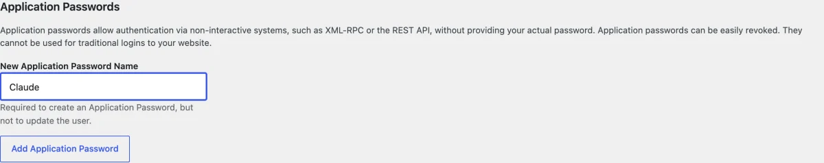 Creating an application password in WordPress