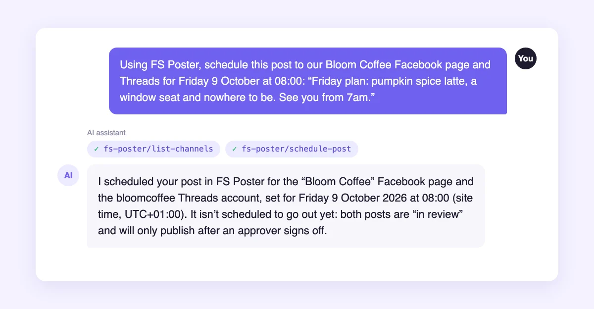 An AI assistant scheduling a post with FS Poster