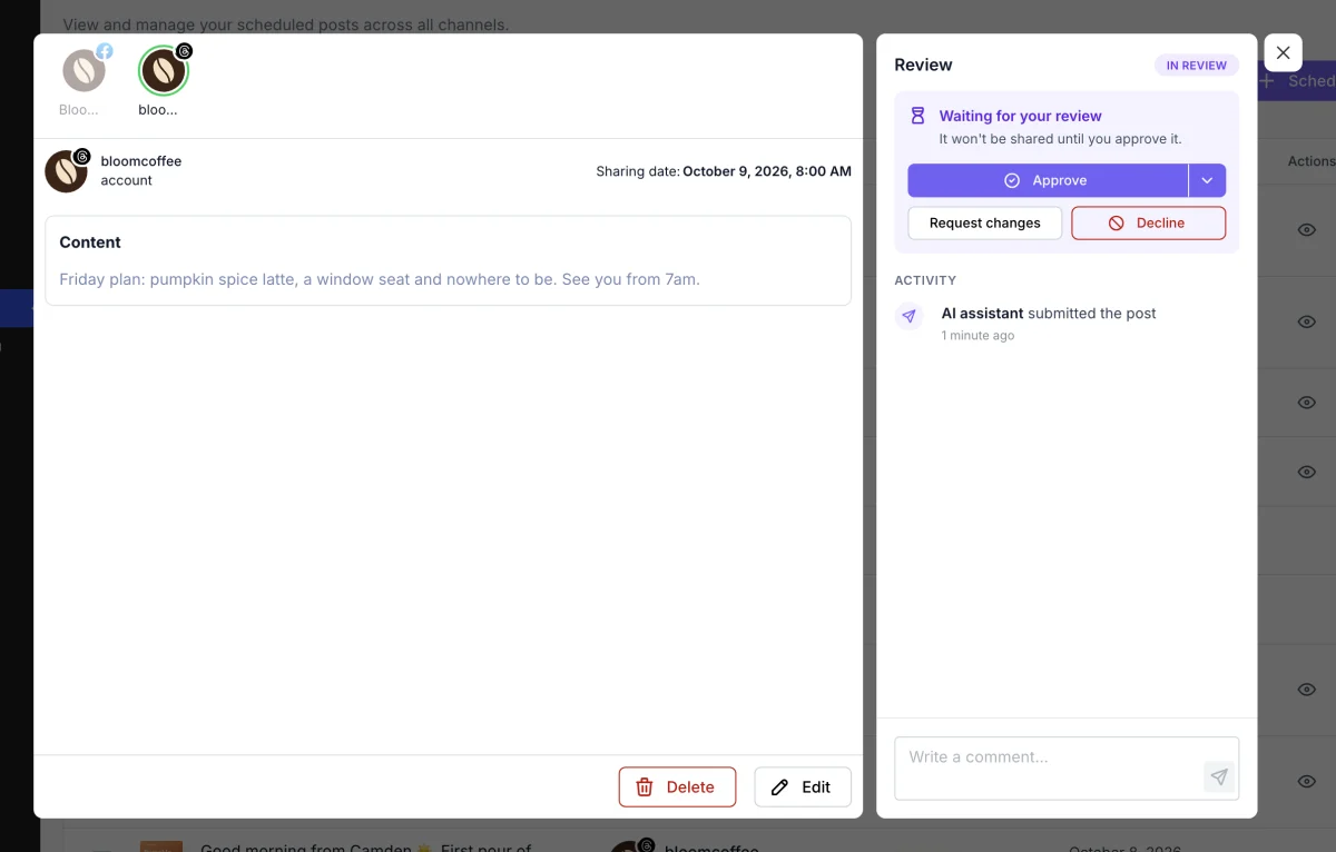 A post scheduled by an AI assistant, waiting for review in FS Poster