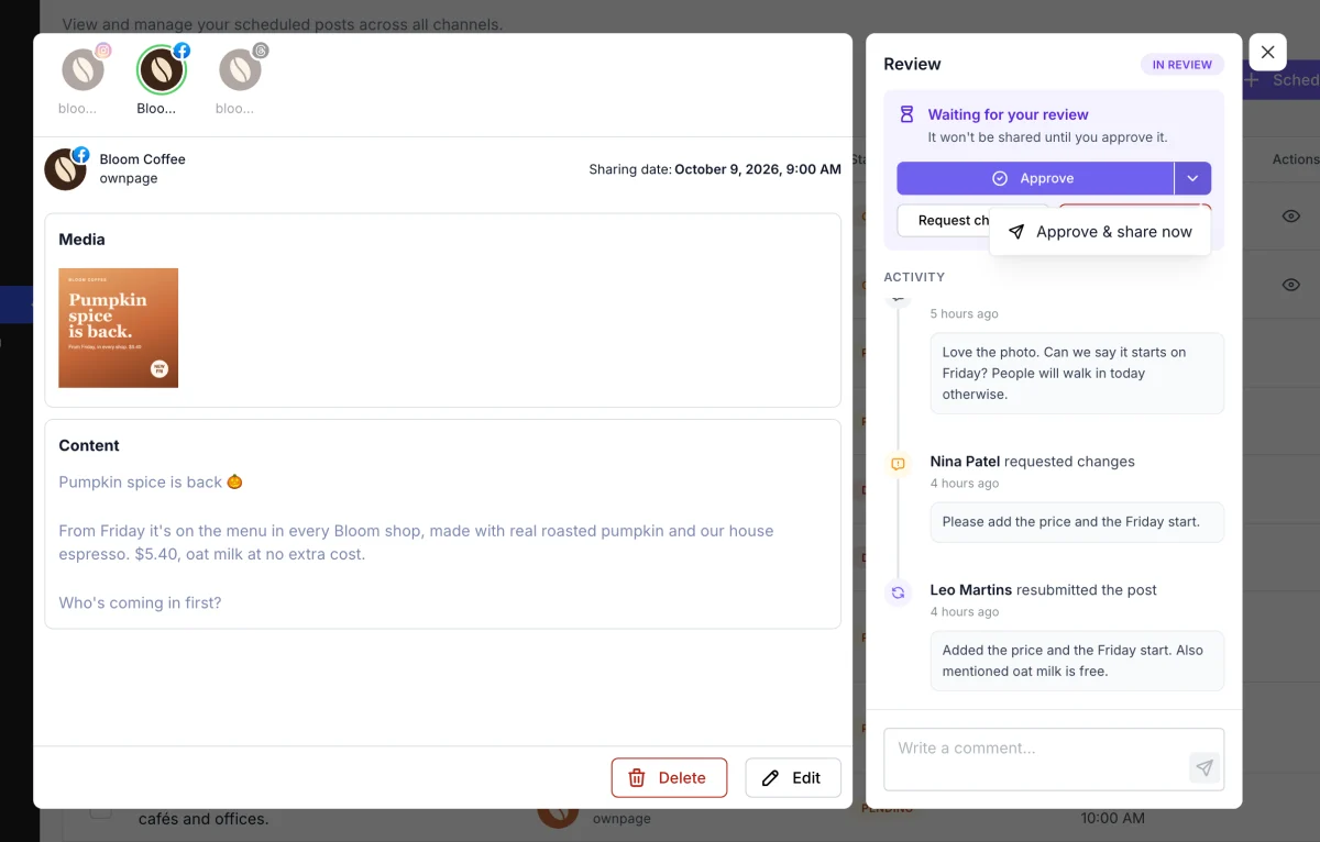 The Approve and share now option
