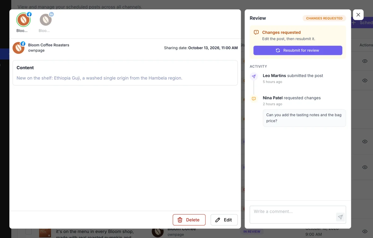 A post with changes requested and the Resubmit for review button