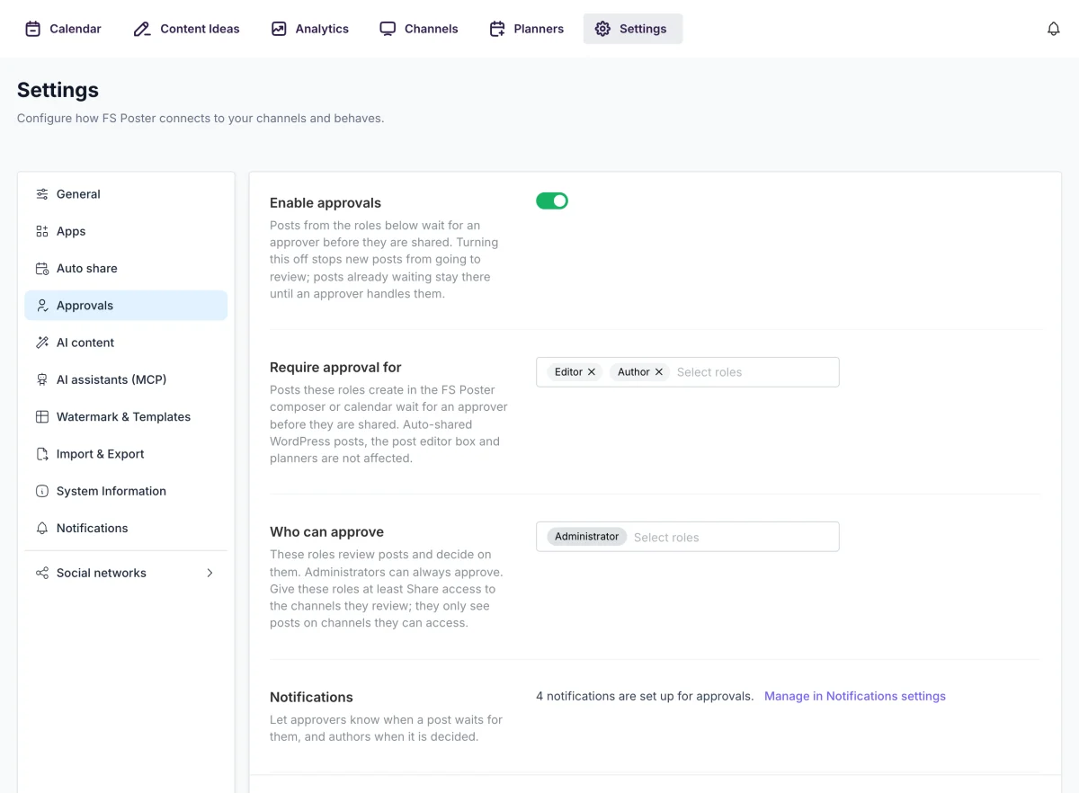 Approvals settings in FS Poster